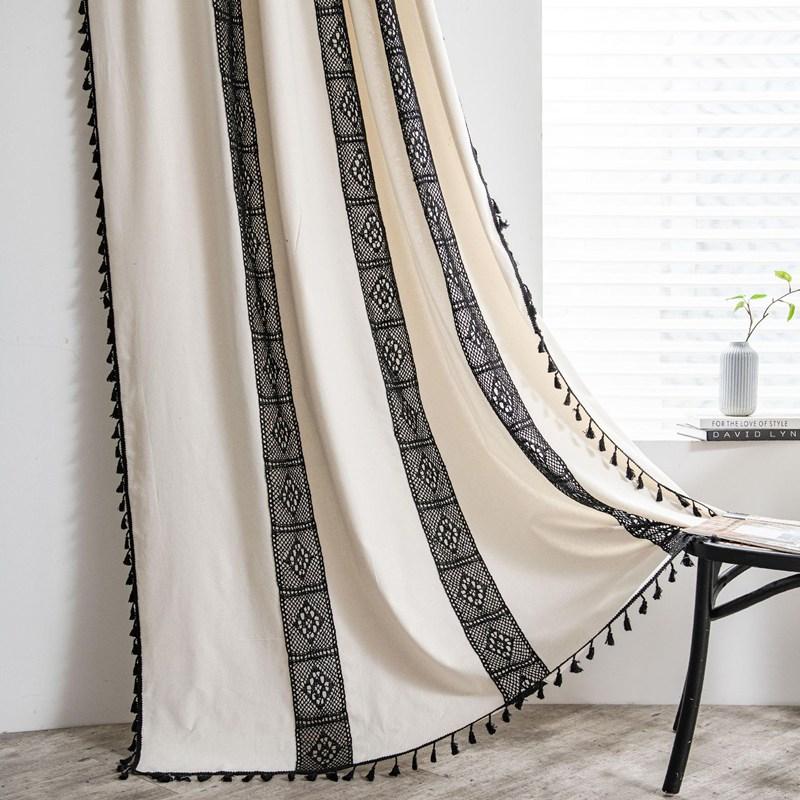

American Crochet Plaid Splicing Cream White Partition Curtain Door Curtain Floating Window Kitchen Living Room Balcony Bedroom W150 x H60cm&Threading Rod