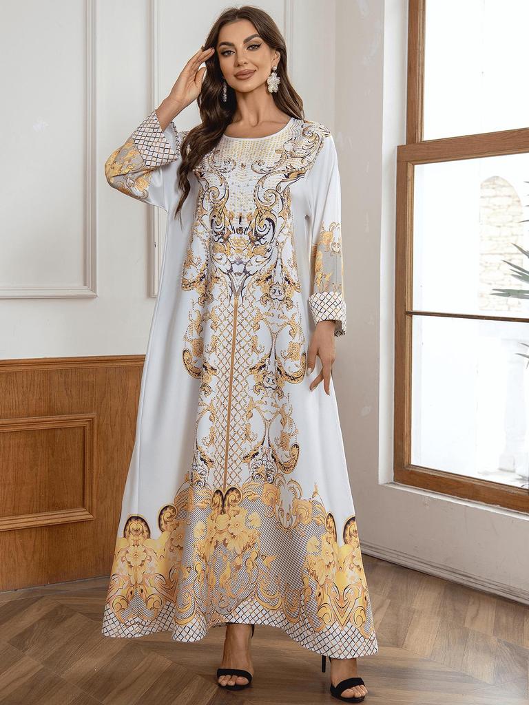 ZD025 Stylish Muslim Women's Beaded Print Robe Dress