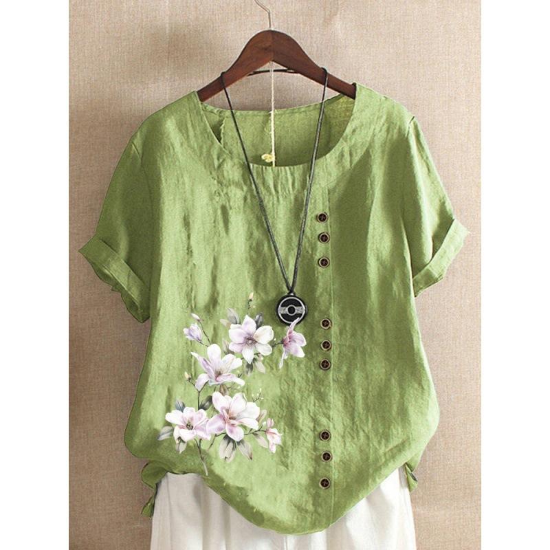 Autumn Vintage Cotton and Linen Printed Loose Casual Shirt with Short Sleeves for Women