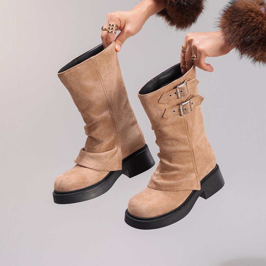 Pants mid-tube boots fashionable one-pedal elastic women's boots 2025 new round head thick-soled suede thin casual boots