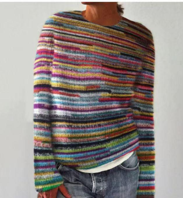 Women's Multicolor Striped Long Sleeve Round Neck Regular Fit Knit Sweater