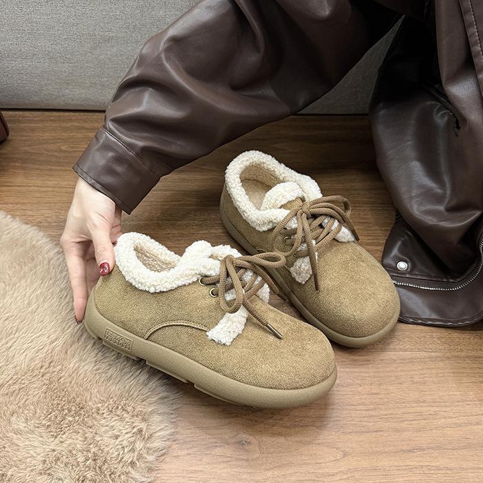 Japanese big head autumn and winter new thick velvet warm cotton shoes women's shoes Maillard color non-slip retro fluffy casual shoes