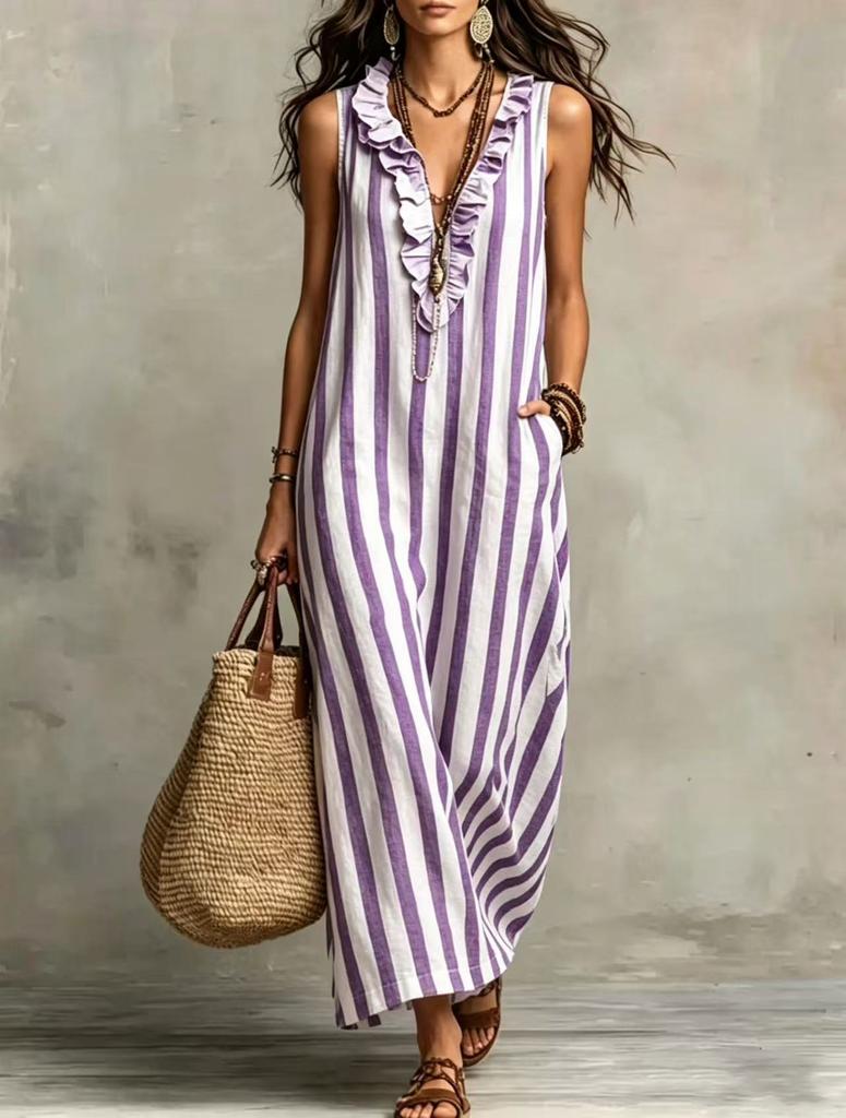 European and American cross-border women's clothing Amazon 2026 new bohemian temperament vertical striped V-neck pocket sleeveless long dress