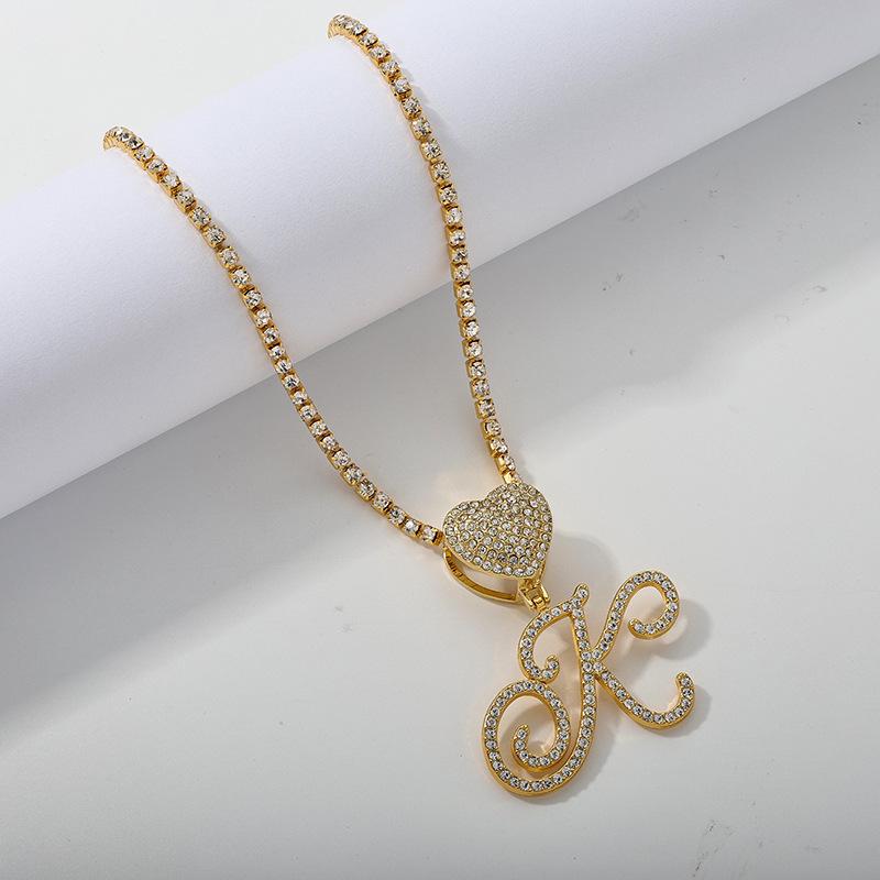 26 Flower Letter Necklace: Hip Hop Heart Pendant with Full Diamond Inlaid Tennis Chain for Women
