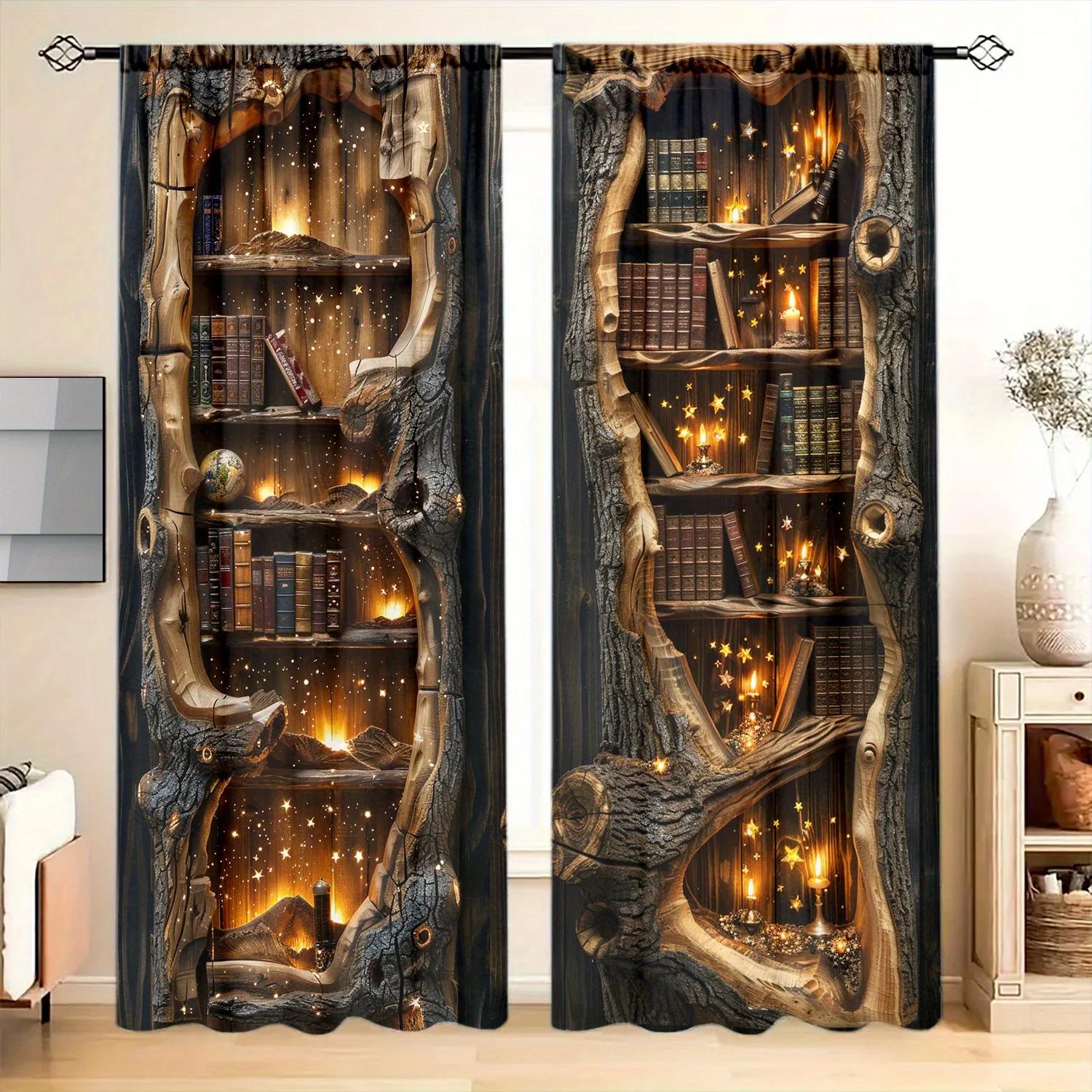 

2pcs Tree Hole Bookshelf Printed Curtain - Artistic Home Decoration Curtains All Season Decorative Curtains 100*130 Rod Pocket 1pcs