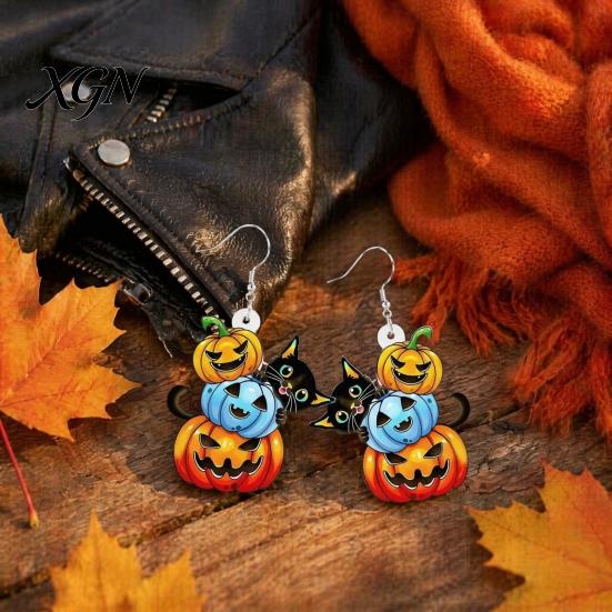 Fun Autumn Seasonal Jewelry 1 Pair Halloween Drop Dangle Earrings for Women, Acrylic Pumpkin Hypoallergenic Sensitive Ears Black Cat Earrings, Holiday