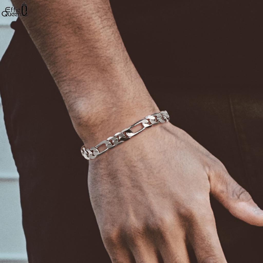 EFFIE QUEEN 925 Sterling Silver Diamond Cut Classic Figaro Hollow Out Chain Bracelet For Women Men Dainty Fine Jewelry SB108