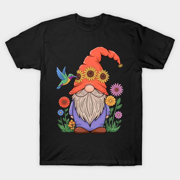 Men Black Print T-shirt Womens Cute Sunflowers Gnome With Hummingbird Bird Lover Kids No-Cut Transfer Paper Print Cotton Tshirt M