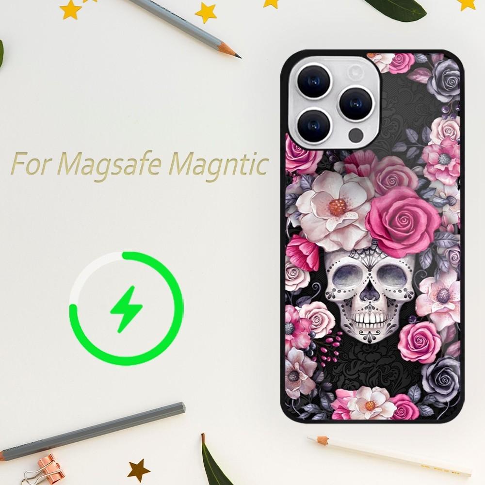 Etui na telefon Deluxe Skull Dead Flowers do iPhone'a 15 14 13 12 11 Plus Pro Max Magsafe Magnetic Wireless Charging