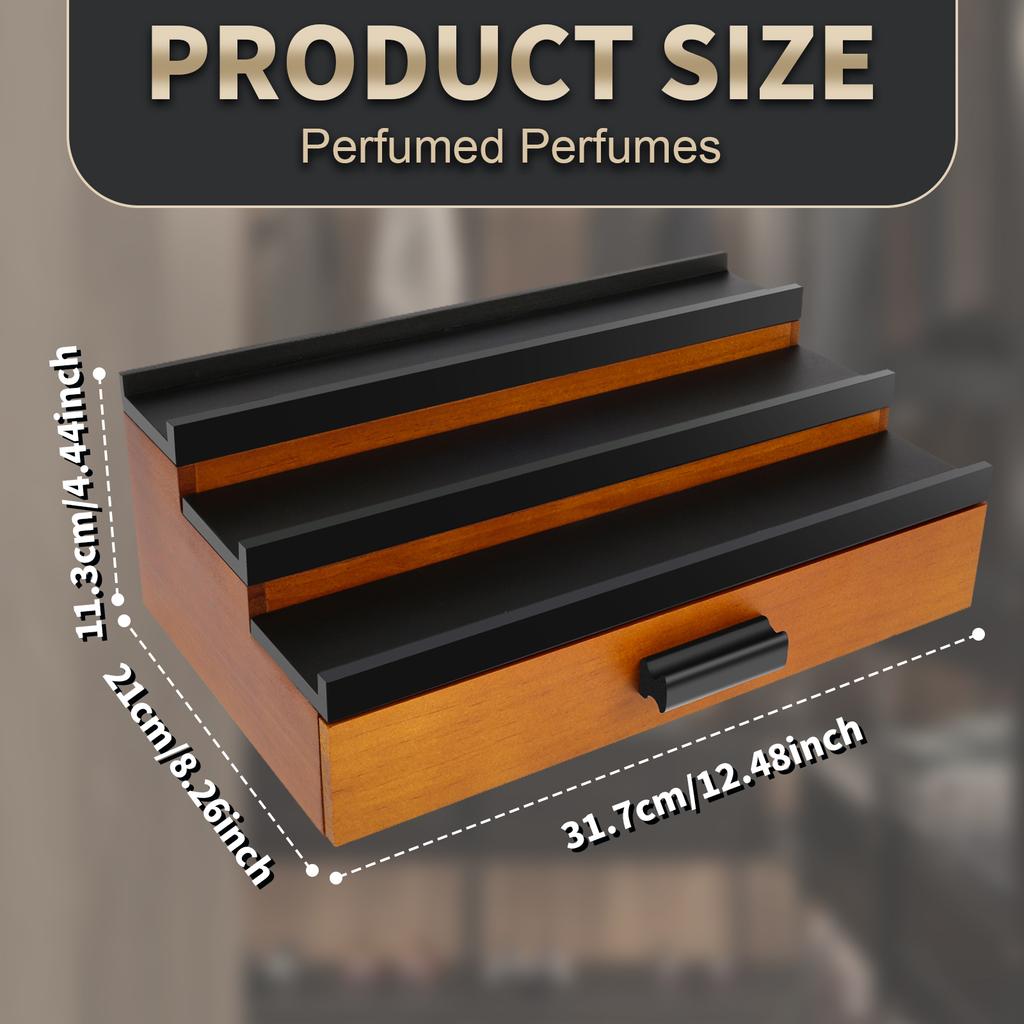 3-Tier Wood Display Stand Perfume Cosmetics Organizer with Storage Drawer Multi-purpose Countertops Jewellery Cologne Storage