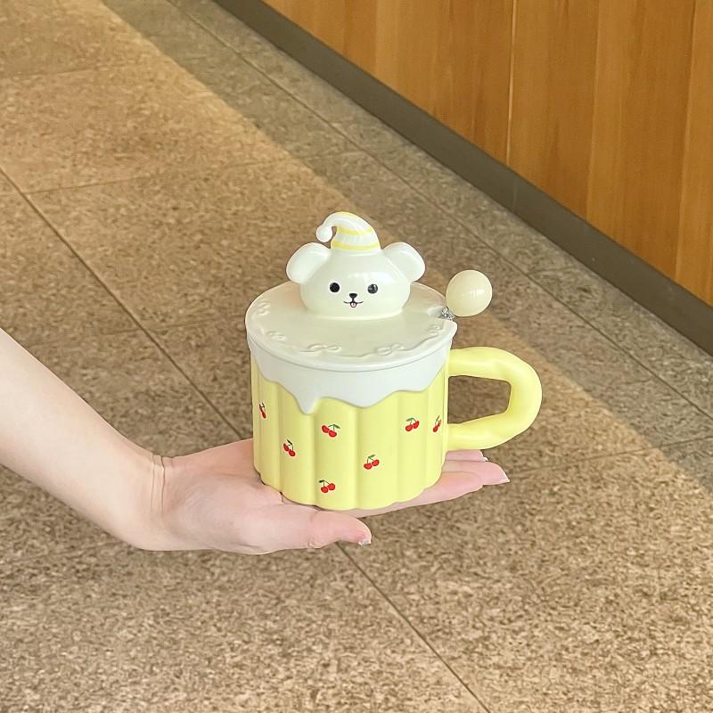 Cute cartoon yellow bear ceramic mug with lid spoon large capacity drinking cup birthday gift practical for girls
