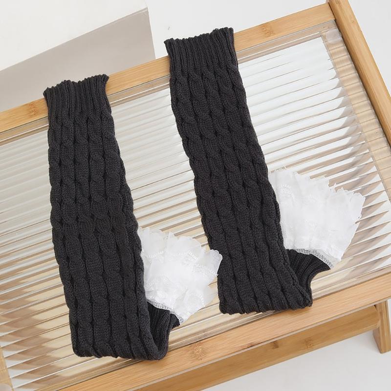 Cable Knit Leg Warmers Knee Length Socks Japanese Women Sweet Layered Ruffled Lace Trim Boot Cuffs Leg Covers Stockings