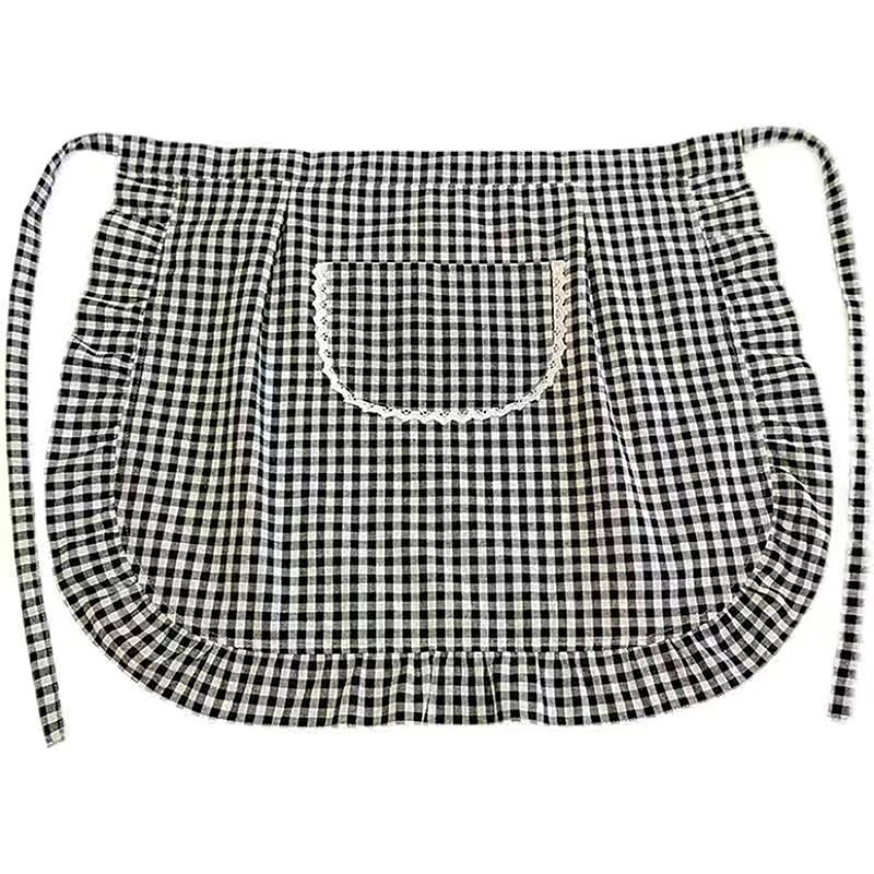 Apron Square Check Half Waist Apron Cotton Material Stain Resistant Breathable Home Cooking Work Clothes Kitchen Accessories