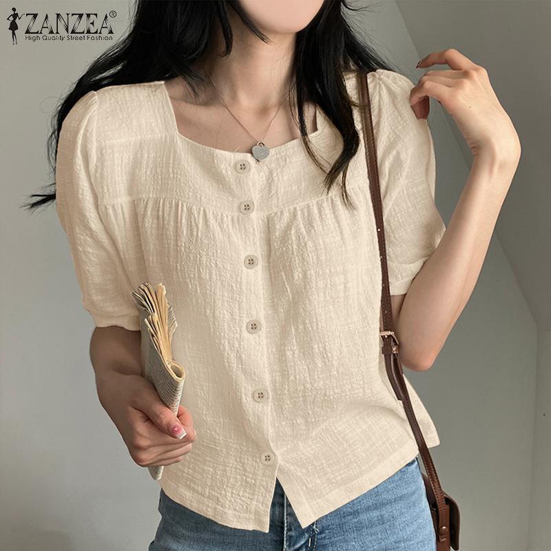 

ZANZEA Летние квадратные вырезы для женщин однотонные топы на пуговицах