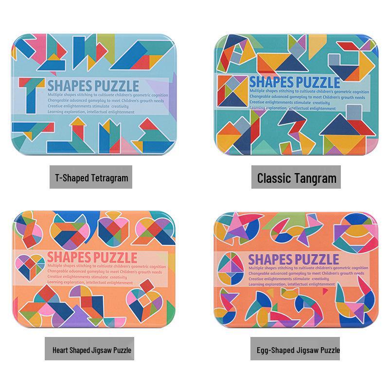 Colorful Tin Box Tangram: 4-Piece Early Education T-Puzzle Toy for Kids