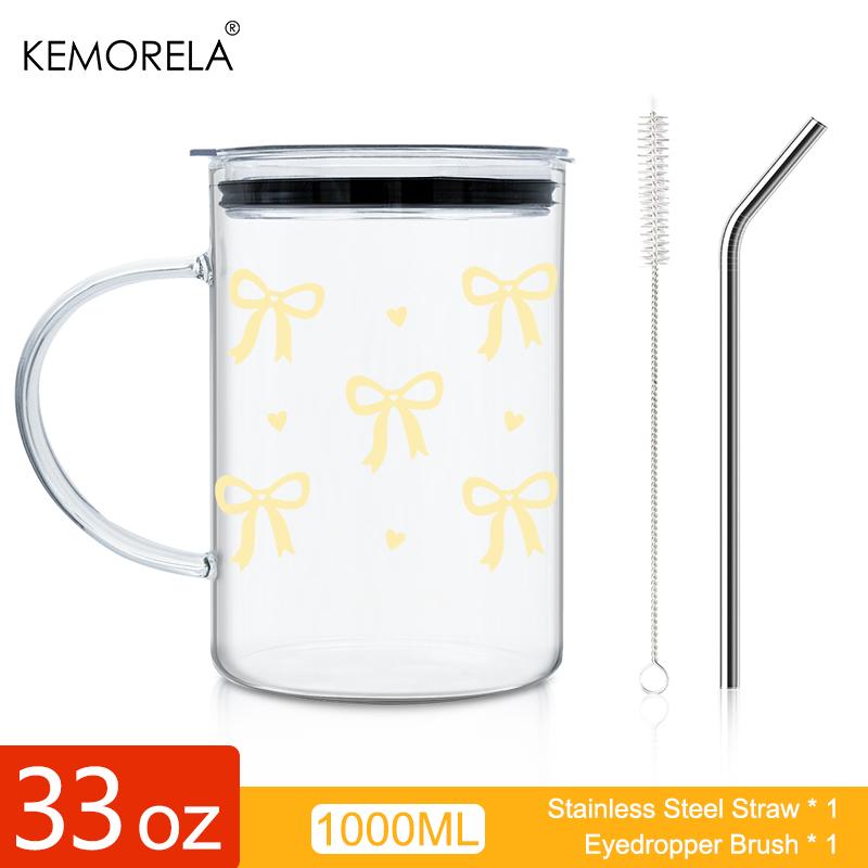 1PCS 1000ML Bow-Knot Glass with Lid and Straw Handle High Borosilicate Glass Glass Water Cup Coffee Cup Summer Winter Drinkware