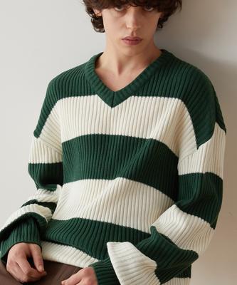 TRIP LE SENS Washable Basic V-Neck Knit_Stripe Green
