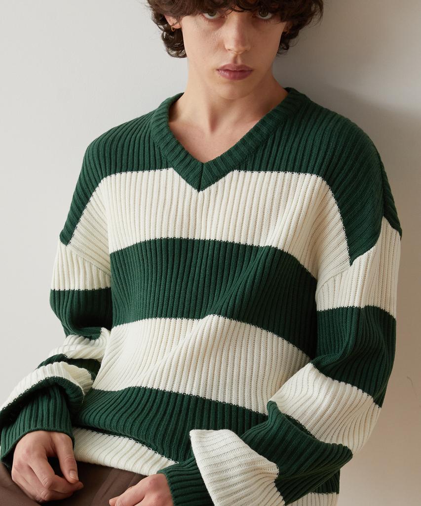 TRIP LE SENS Washable Basic V-Neck Knit_Stripe Green