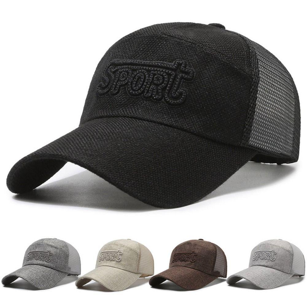 Casual Wide Brim Linen Mesh Baseball Cap Adjustable Breathable Sun Visor Hat Letter Embroidery Peaked Cap Summer