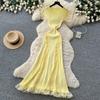 Elegant Lace Patchwork Knitted Midi Long Dress Women Chic Short Sleeve Ruffles Slim Fit Dresses 2026 Casual Daily Office Outfit