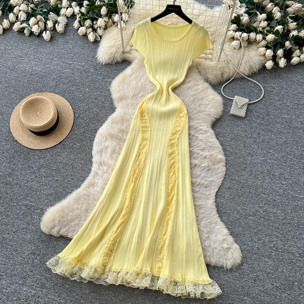 Elegant Lace Patchwork Knitted Midi Long Dress Women Chic Short Sleeve Ruffles Slim Fit Dresses 2026 Casual Daily Office Outfit