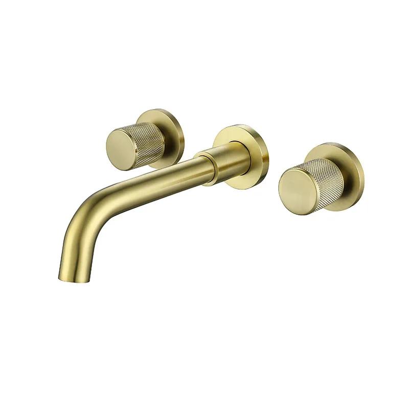 Bathroom Basin Faucet Brushed Gold/Black 2-Handle 3-Hole Wall Mounted Bathroom Sink Faucet Knurling Handle