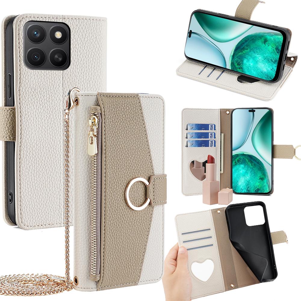 

For Honor X8c 4G Case Mirror Wallet Leather Phone Cover with Chain Shoulder Strap White