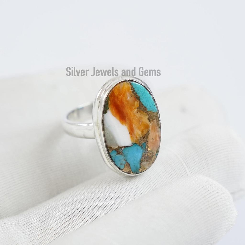 Spiny Oyster Copper Turquoise Ring, Anniversary Ring, Dainty Oval Turquoise Ring, 925 Silver Handmade Ring, Gemstone Ring, Cocktail Ring