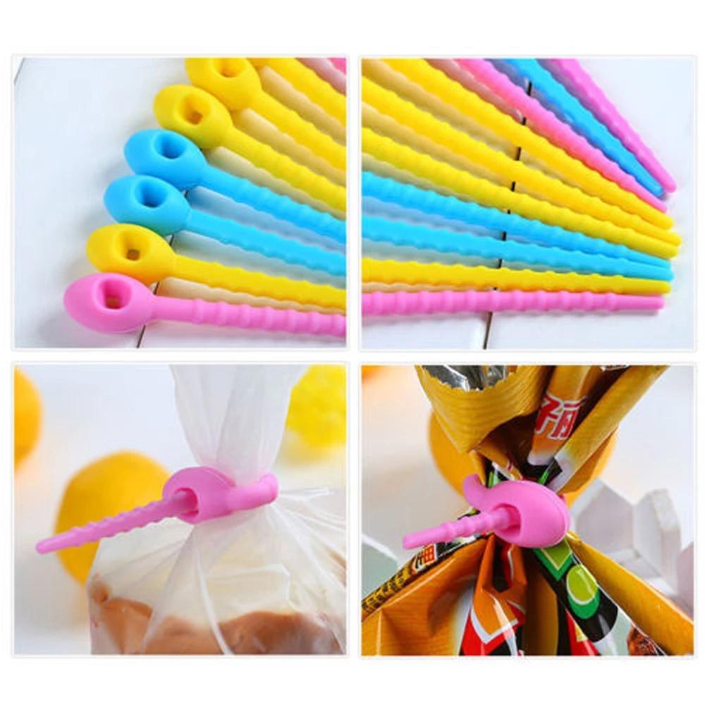 10 adet Plastik Gıda Sınıfı Silikon Poşet Bağları Kendinden Kilitli Bağ Bavul Ayakkabı Poşeti Etiket Etiketi Yiyecek Poşeti Mühürleme Kelepçesi
