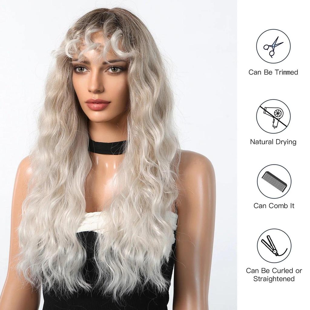 ALAN EATON Ombre Blonde Curly Wigs with Bangs Long Wave Synthetic Full Wig Cute Party Cosplay Wig High Temperature Fake Hair
