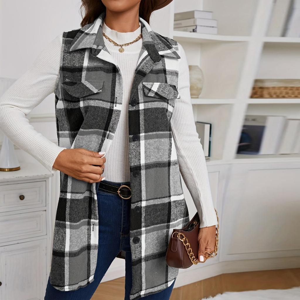 Women's Fashion Casual Tank Top Long Plaid Button-down Vest with Pocket Jacket