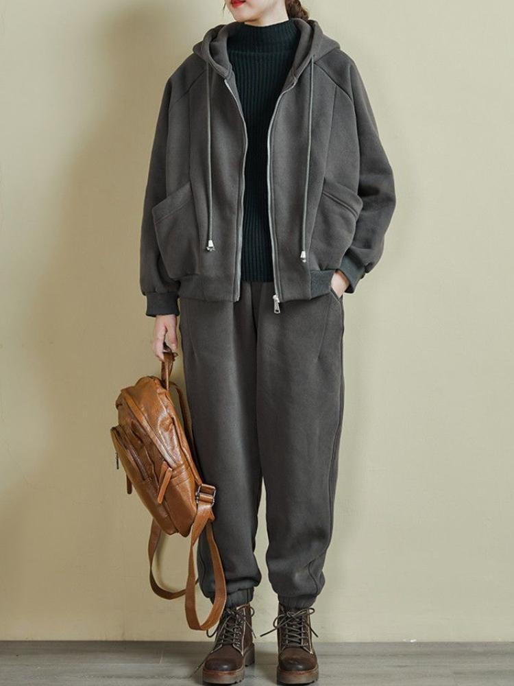 Y2K Fashion Women Autumn Winter 2 Piece Set Fleece Casual Hooded Sweatshirt Elegant Loose Thickened Sport Suit New Clothes