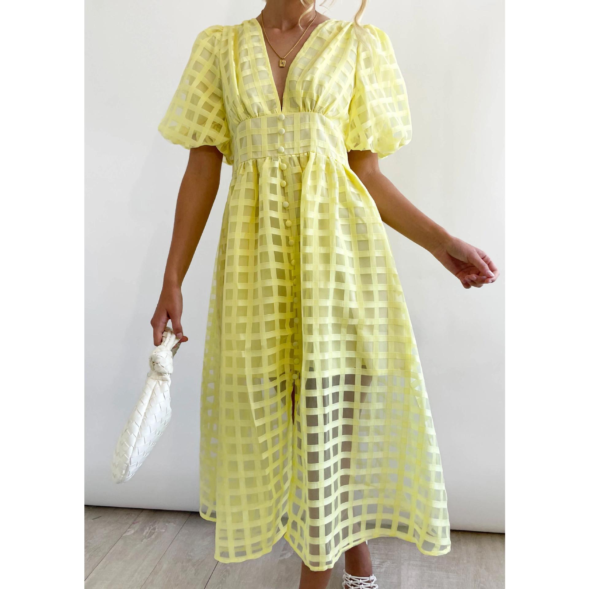 

Кружевное платье-сетка с рукавами-пузырями, глубоким V-образным вырезом, на пуговицах, с поясом, разных цветов XL