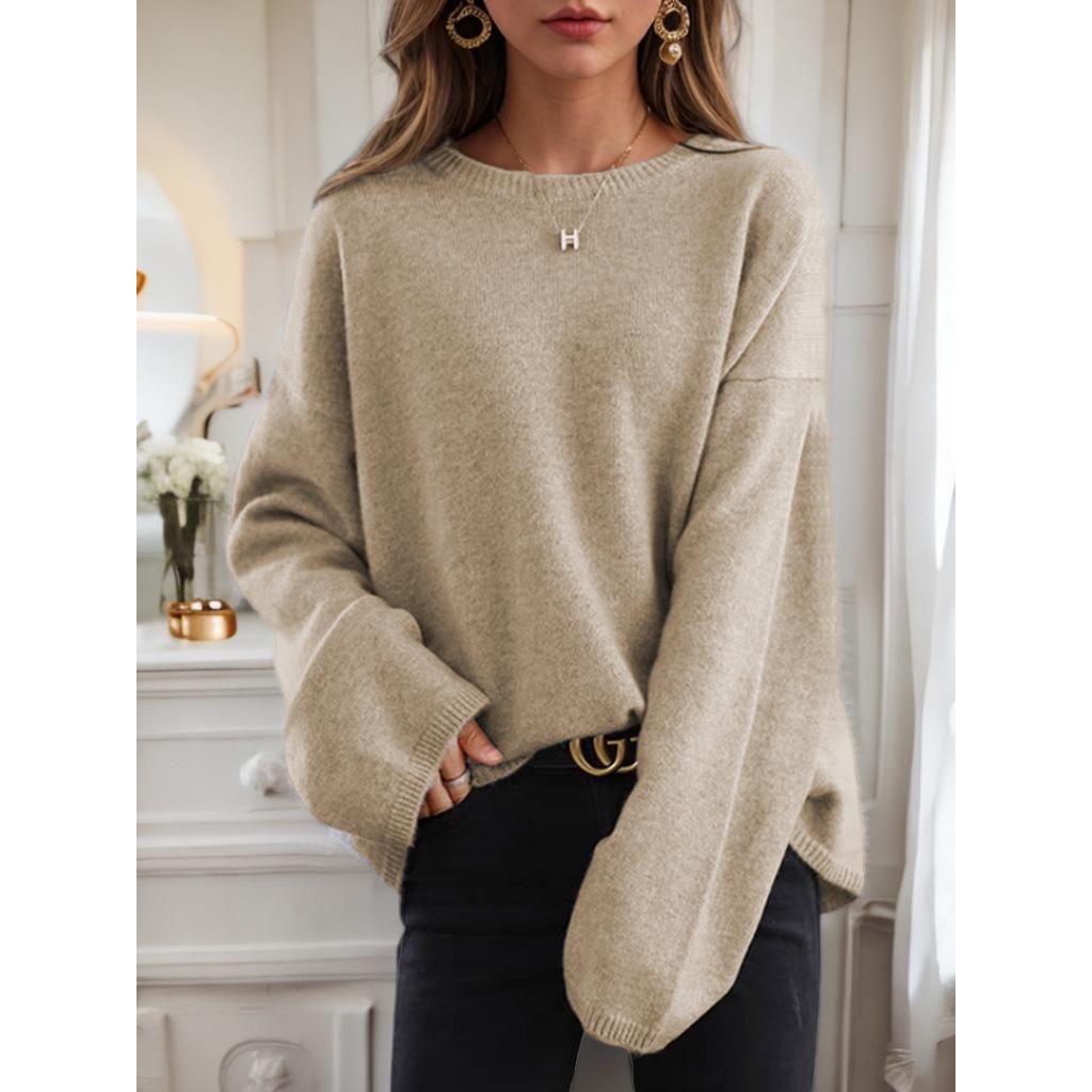 2026 Autumn/Winter Women's Loose Fit Drop Shoulder Knit Pullover Sweater - Solid Color