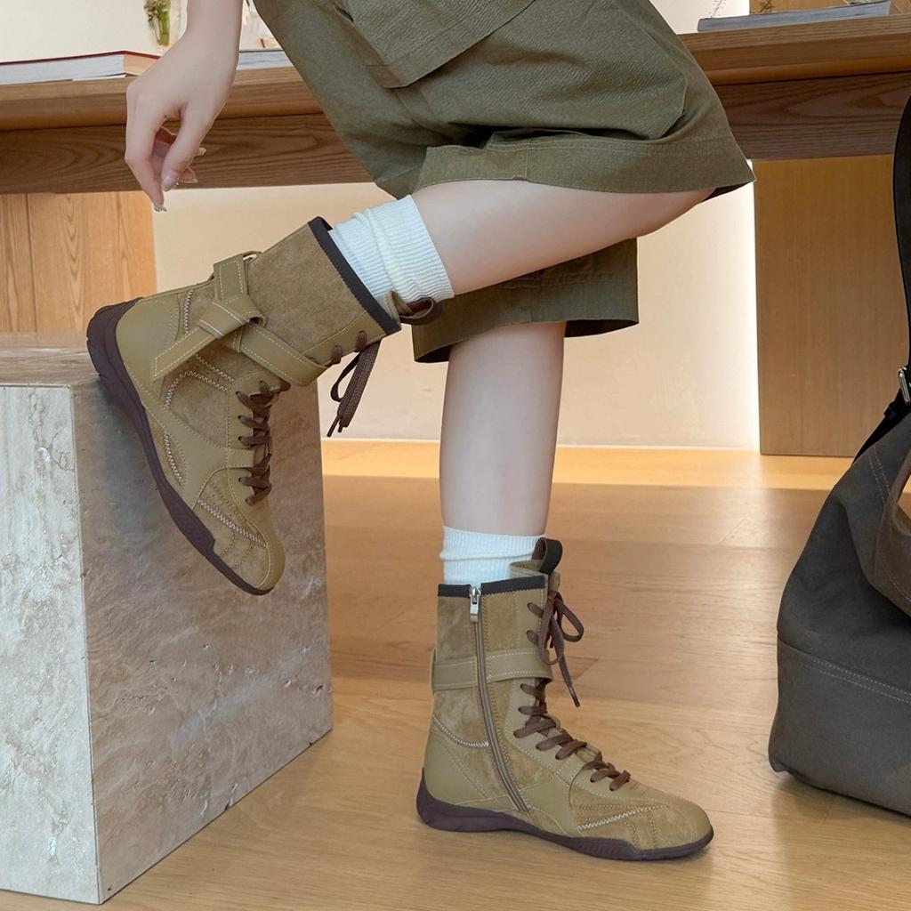 Cowhide version~ Frosted niche Martin boots Lace-up boxing boots round boots women's mid-tube western boots