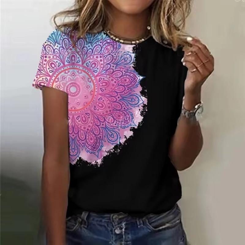 Summer Women Clothing T-shirt Crewneck Top Casual Comfort Short Sleeve Vintage 3D Print Loose Breathable Clothing Women's T-shirt