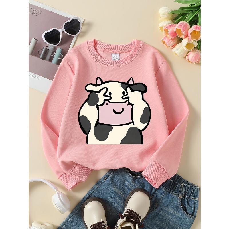 Crewneck Sweatshirt for Girls Featuring a Cow Print Design with Spots And a Smile, Machine Washable, Suitable for Spring And Autumn, Ideal for Sports