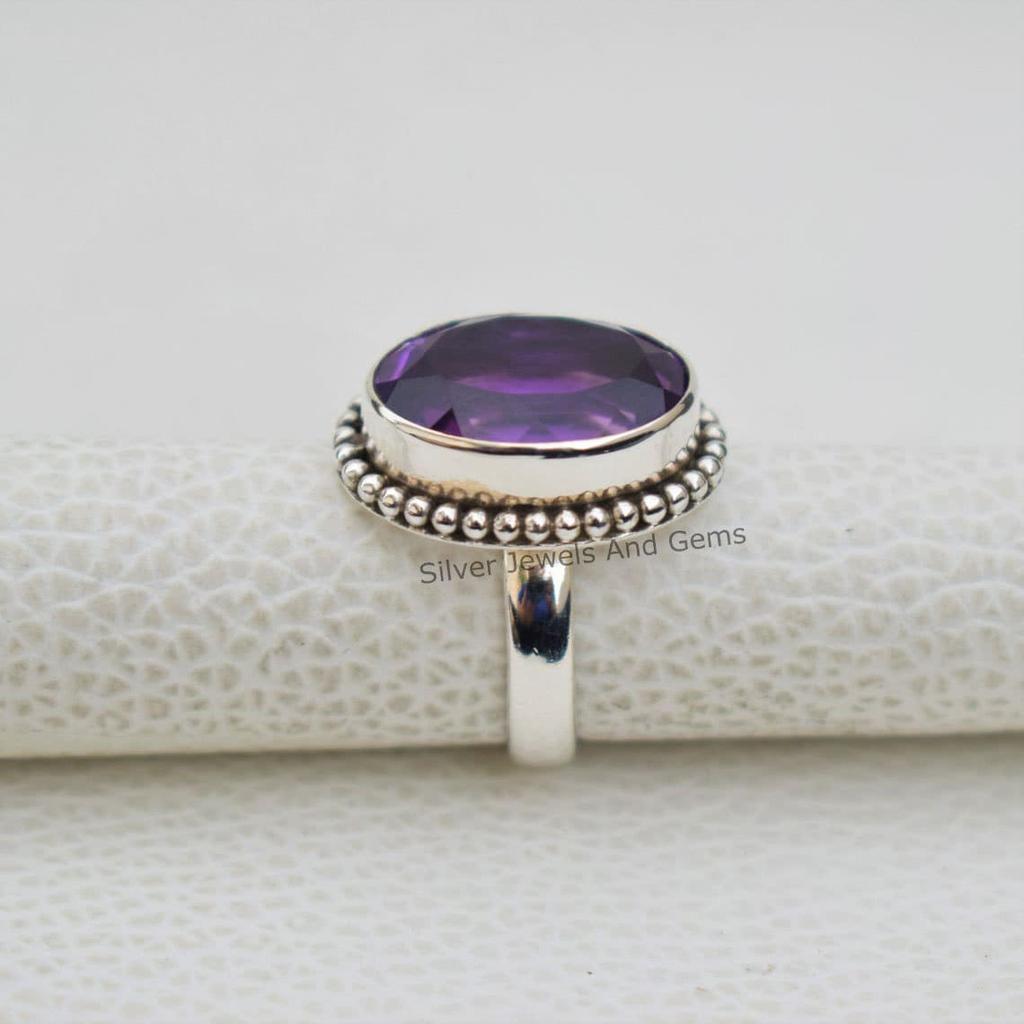 Ovaler Amethystring, Natursteinring, 925er Sterlingsilberring, Ehering, Designring, Februar-Geburtsstein, Boho-Ring, Handgefertigter Ring