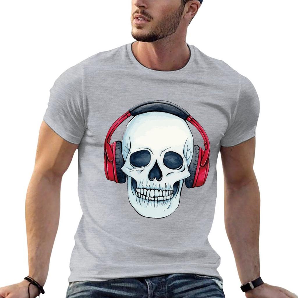 Neues Totenkopf mit Kopfhörern T-Shirt Sweatshirts schwarze T-Shirts niedliche Oberteile Herren Grafik-T-Shirts Hip Hop