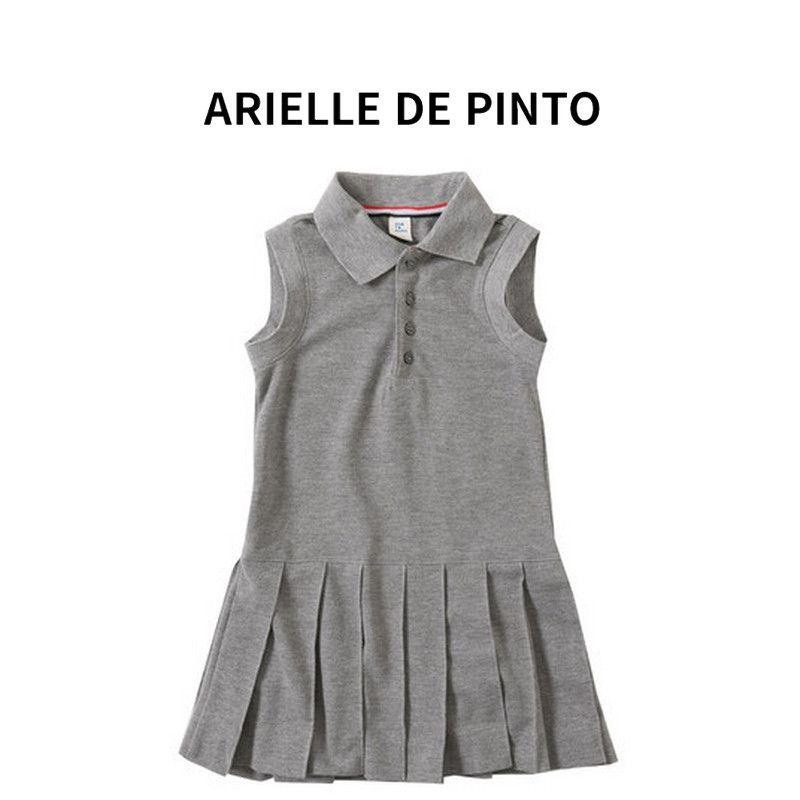 French Arielle De Pinto Girls  Collared Pleated Dress Summer Fashion Girls  Trendy Princess Dress Gray 90cm