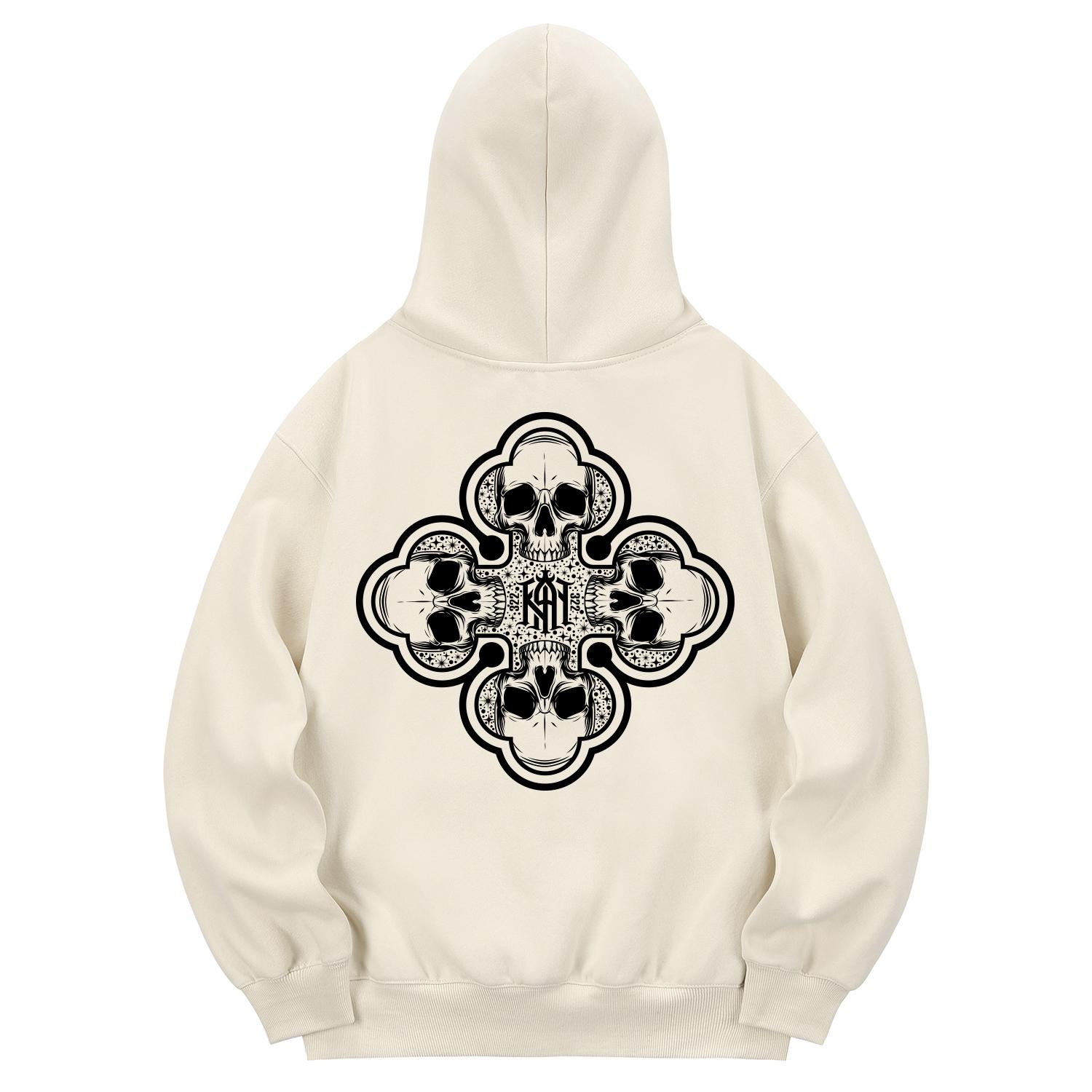 Khan 6312 Khc0127 Skull Gang 322 Fleece-Lined Hoodie - Cream Xl