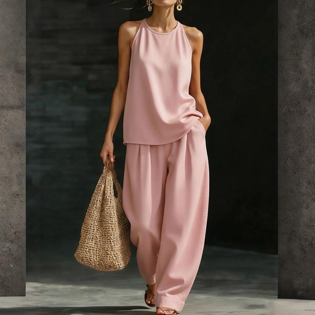 Women's Round Neck Sleeveless Top And Trousers Fashion Casual Suit