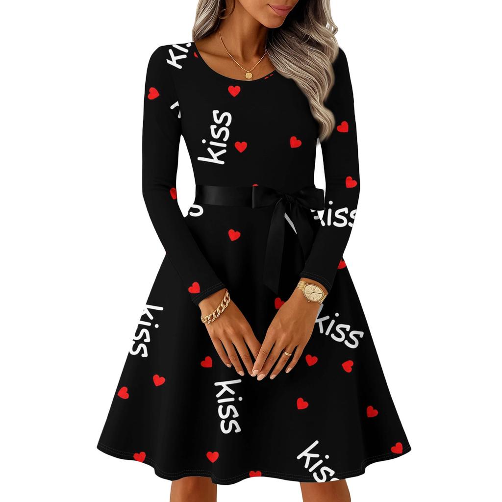 Damen Casual Mode Langarm Vintage Lange Kleider Frühling Valentinstag