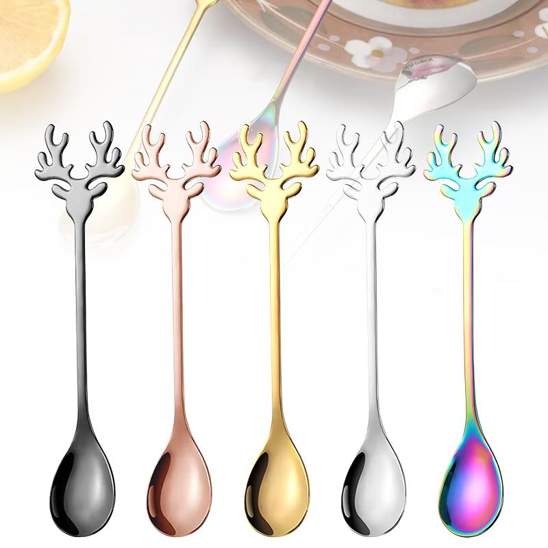 1pc Cartoon Christmas Elk Spoon Cute Deer Head Mini Ice Cream Spoons Coffee Dessert Stirring Spoon Tableware