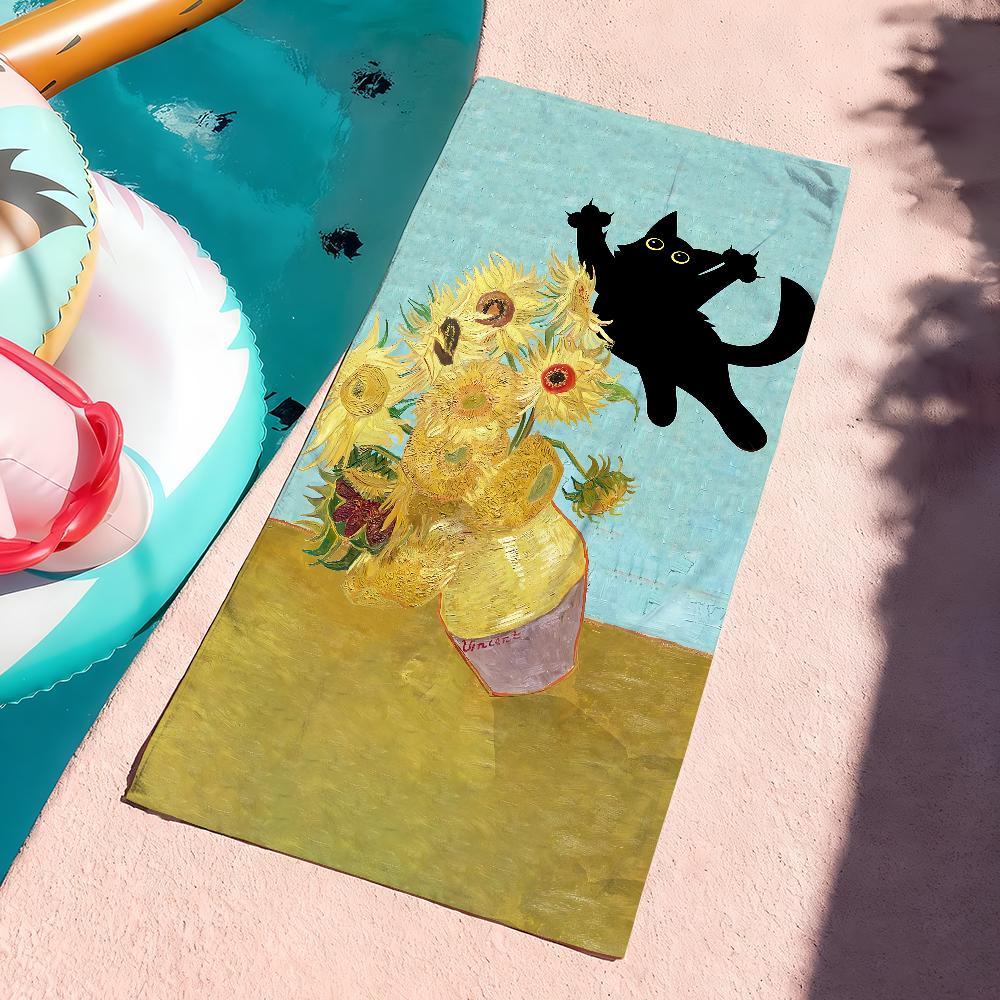 Asciugamano Stampa Gatto Arte Van Gogh Asciugatura Rapida Morbido Yoga Nuoto Fitness Alpinismo Grandi Asciugamani da Spiaggia