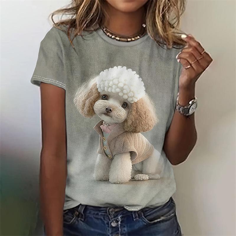 Tägliches Rundhals-Sommer-Damen-T-Shirt mit kurzen Ärmeln, 3D-Druck, kleiner Hund, lässiges T-Shirt