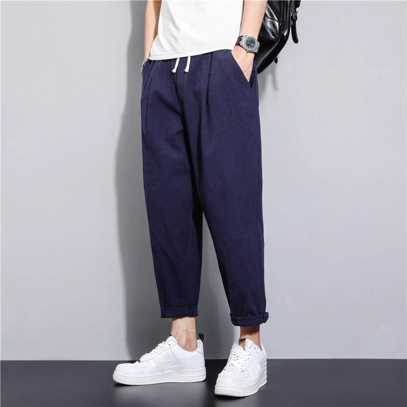Men Cotton Trousers Casual Solid Color Long Pants Breathable Drawstring Straight Pants Harem Pants Men Baggy Pants