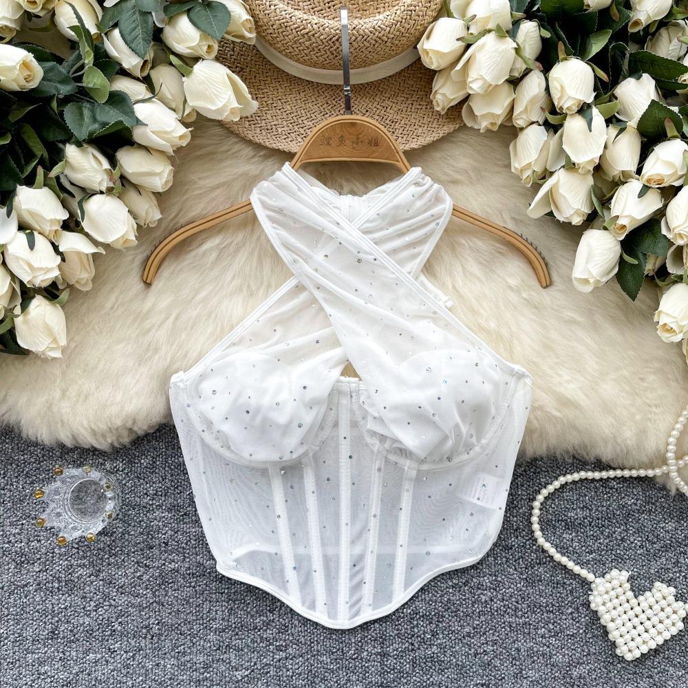 

Transparent Rhinestone Corset Sleeveless Corset Fishbone Camisole Spring Summer M белый