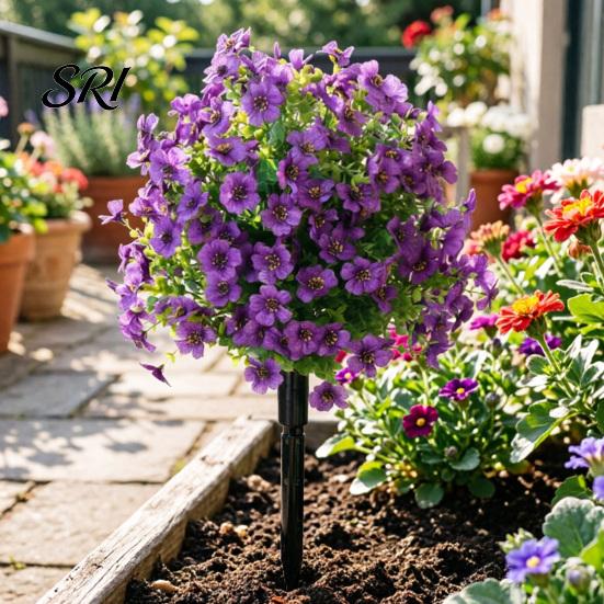 Realistic Fake Flower Stake Artificial Violet Topiary Trees with Spike UV Resistant Faux Shrubs No Watering Shrub Bushes Spring Summer Plants