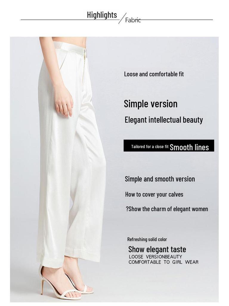 2025 Women's Mulberry Silk Wide-Leg Pants: Loose, White, Straight, Large Size, Casual Spring/Summer Wear